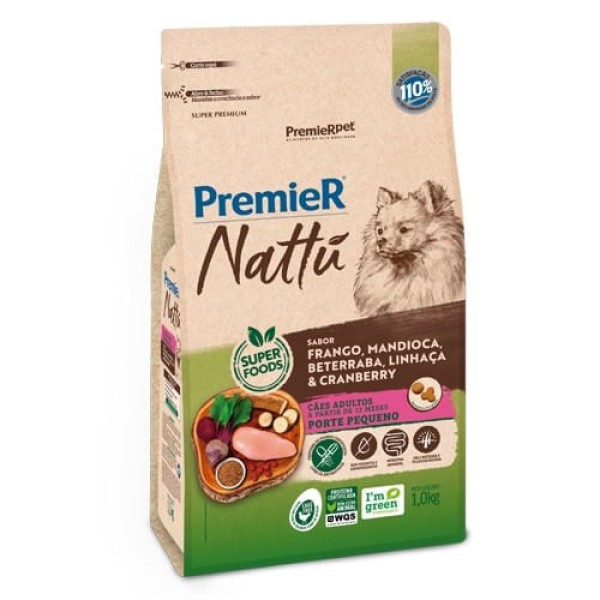 Ração Premier Nattu Cães Adultos Porte Pequeno Sabor Mandioca