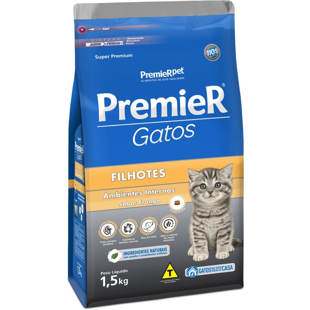 Ração Premier Gatos Ambientes Internos Filhotes Sabor Frango 1,5 Kg