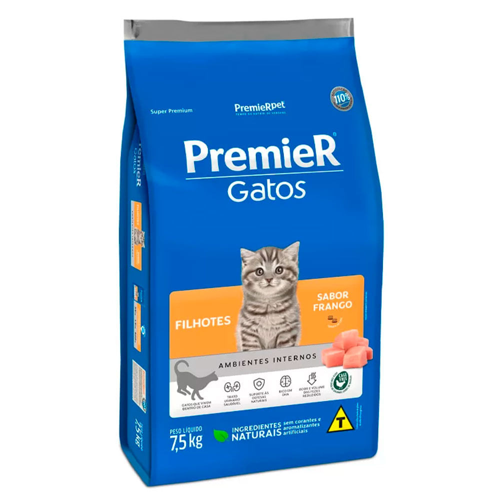 Ração Premier Gatos Ambientes Internos Filhotes Sabor Frango 7,5 Kg