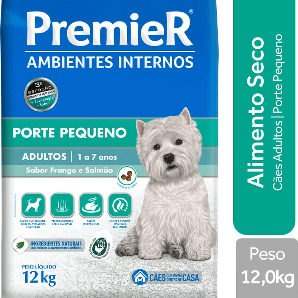 Encontraproduto.com.br - Ração Seca Premier Ambientes Internos para Cães Adultos Porte Pequeno Frango e Salmão 12kg