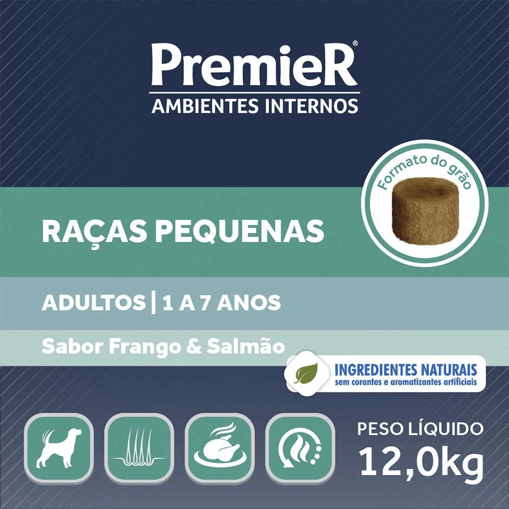 Encontraproduto.com.br - Ração Seca Premier Ambientes Internos para Cães Adultos Porte Pequeno Frango e Salmão 12kg