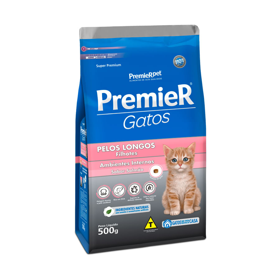 Ração Premier Ambientes Internos Gatos Filhotes Pelos Longos Sabor Salmão
