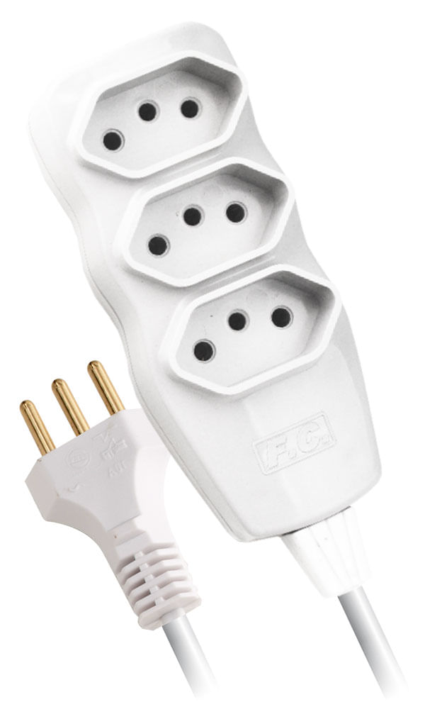 Encontraproduto.com.br - Extensão com 3 Tomadas de 2 Pólos + Terra 10 Amperes 5 Metros Branca