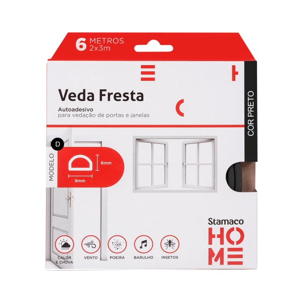 Encontraproduto.com.br - Veda Fresta Portas e Janelas Stamaco Home Borracha Vedação Adesiva Modelo D Rolo 6 Metros Preto