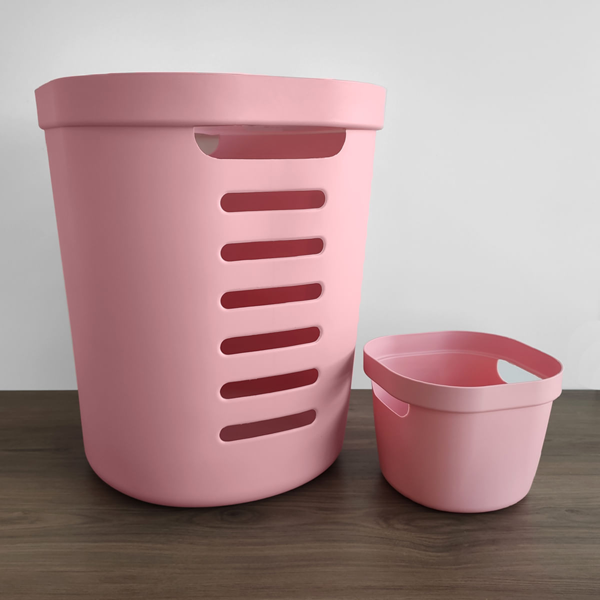 Encontraproduto.com.br - Kit 2 Cestos Organizadores Para Lavanderia 46L E 4L Cestos Multiusos Flexíveis Rosa OU