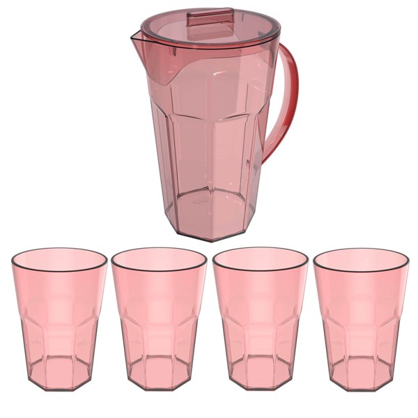 Encontraproduto.com.br - Conjunto Jarra 1,8 Litros e 4 Copos 400ml Para Servir Suco Rosa Quartzo