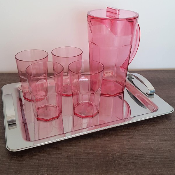 Encontraproduto.com.br - Conjunto Jarra 1,8 Litros e 4 Copos 400ml Para Servir Suco Rosa Quartzo