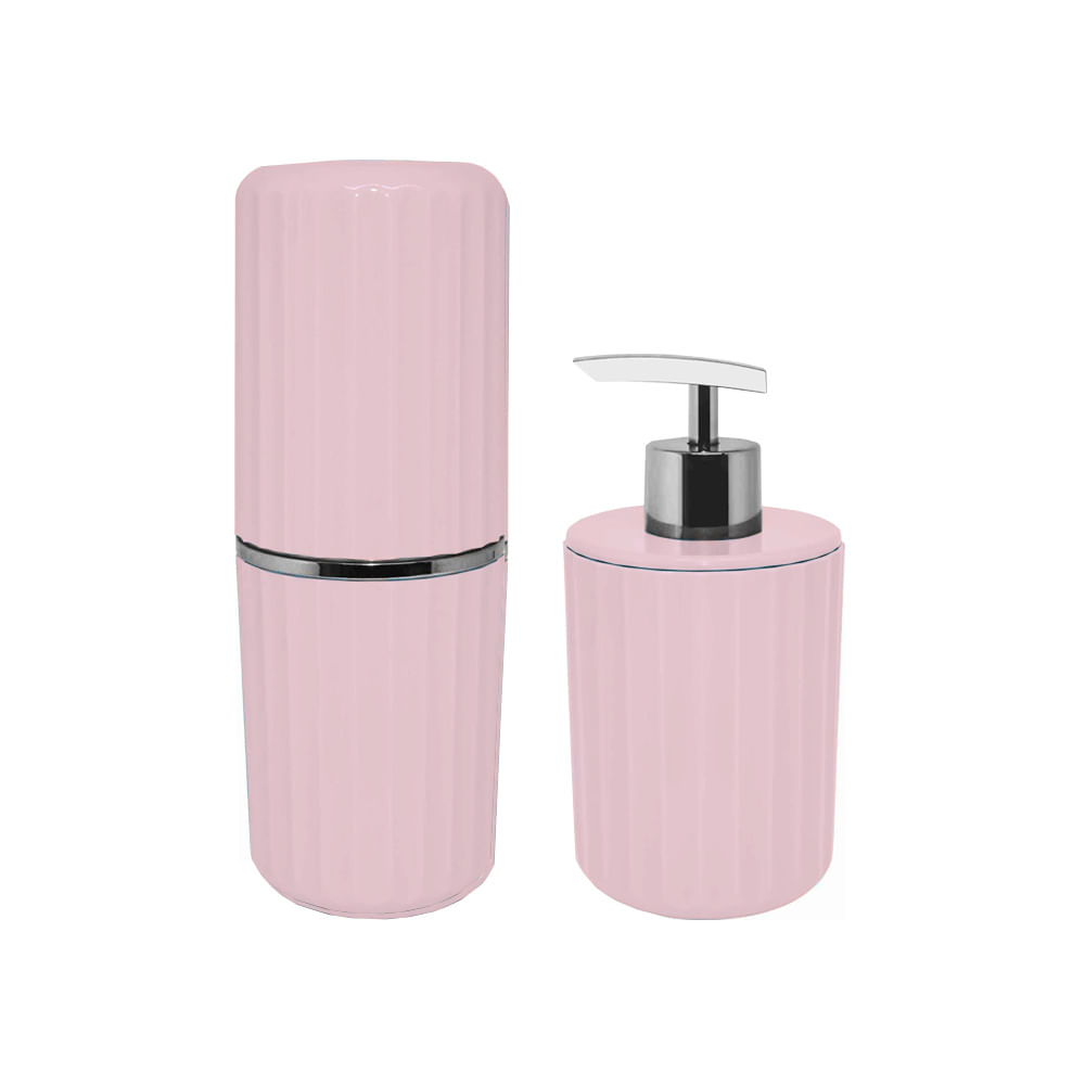 Kit Porta Sabonete Líquido e Porta Escova Groove Rosa Quartz - Ou