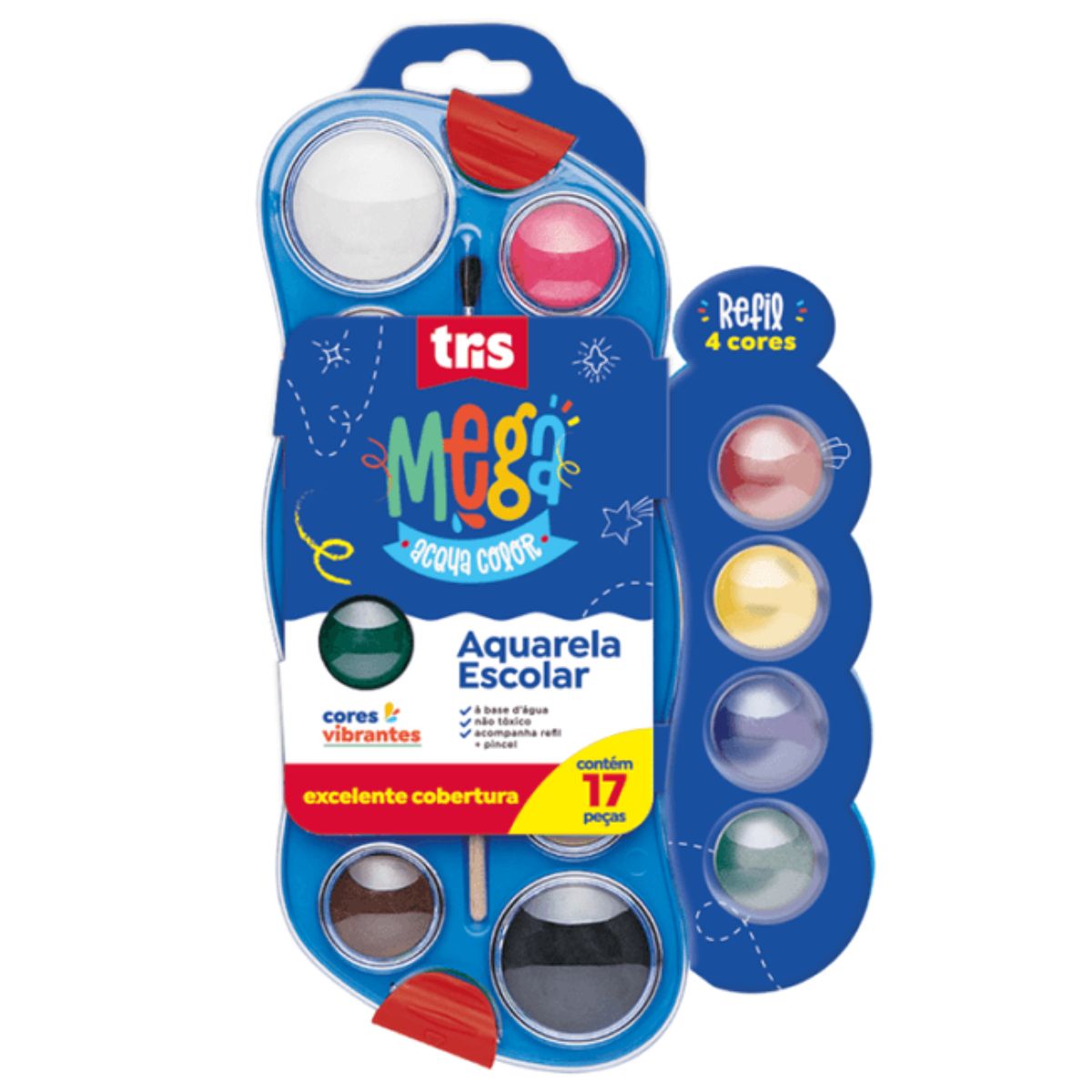 Encontraproduto.com.br - Estojo de Tinta Aquarela em Pastilha Tris Mega Aqua Color + Refil com 12 Cores – 602875