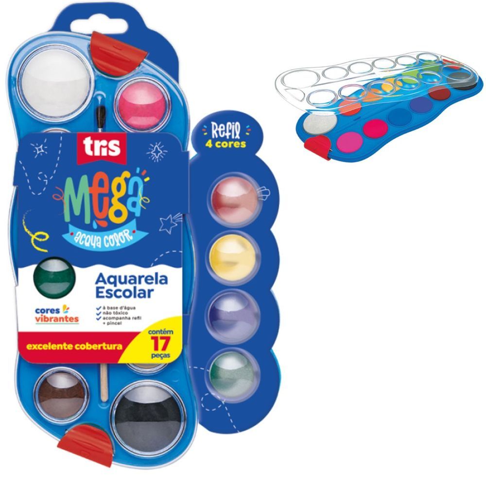 Encontraproduto.com.br - Estojo de Tinta Aquarela em Pastilha Tris Mega Aqua Color + Refil com 12 Cores – 602875