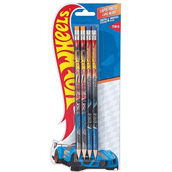 Encontraproduto.com.br - Lápis Preto HB - Nº 2 - Redondo com Borracha - Hot Wheels - 4 Unidades - Tris