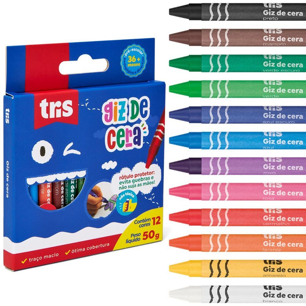 Encontraproduto.com.br - GIZ CERA FINO - 12 CORES - PRÉ-ESCOLAR - 3ANOS+ - TRIS