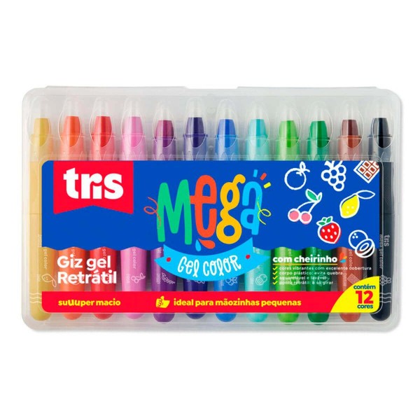 Encontraproduto.com.br - GIZ GEL RETRATIL MEGA COLOR COM 12 CORES ESTOJO TRIS