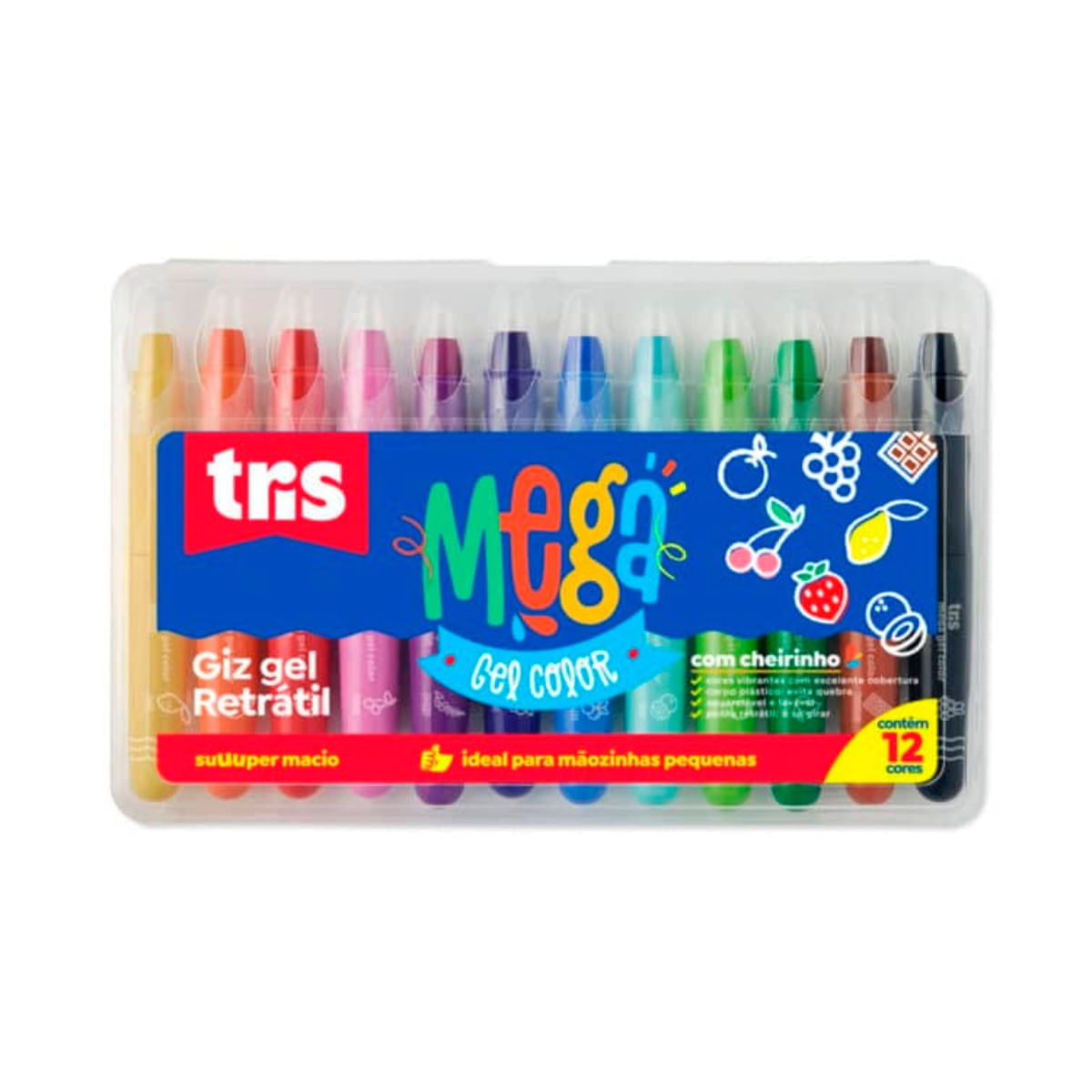 Encontraproduto.com.br - GIZ GEL RETRATIL MEGA COLOR COM 12 CORES ESTOJO TRIS