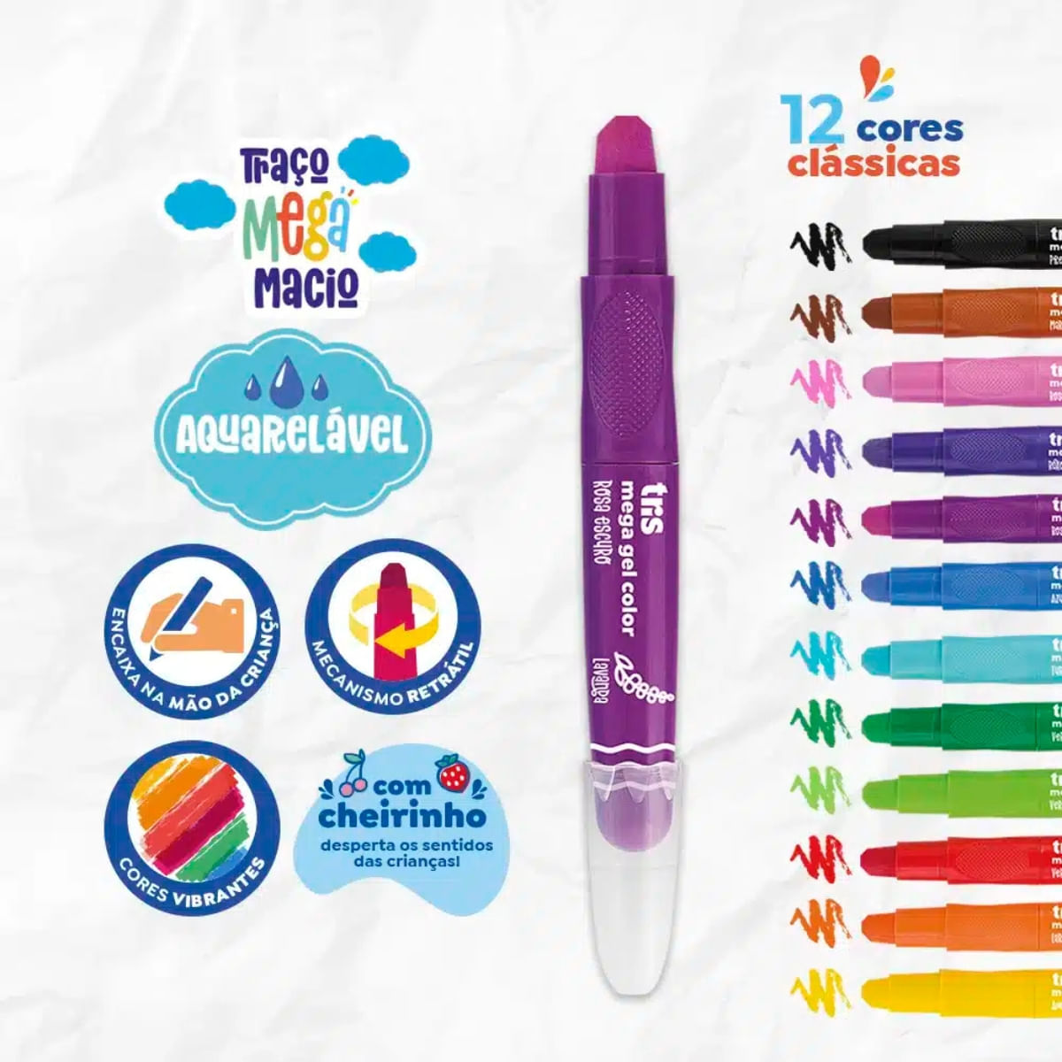 Encontraproduto.com.br - GIZ GEL RETRATIL MEGA COLOR COM 12 CORES ESTOJO TRIS