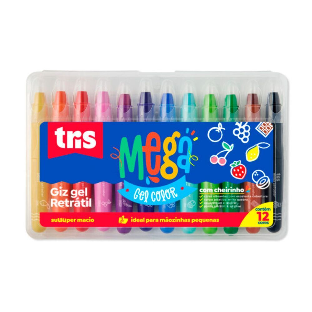 Encontraproduto.com.br - GIZ GEL RETRATIL MEGA COLOR COM 12 CORES ESTOJO TRIS