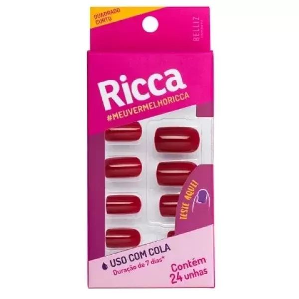 Encontraproduto.com.br - Unhas Ricca Vermelho Bordô Com 24 Unidades - 1987