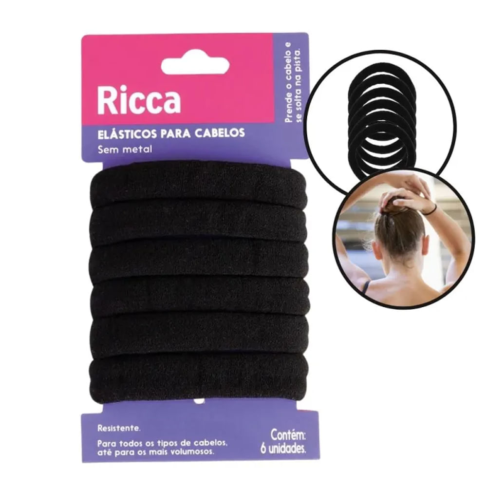 Encontraproduto.com.br - Elásticos Para Cabelos Ricca Preto Com 6 Unidades Ref.2725