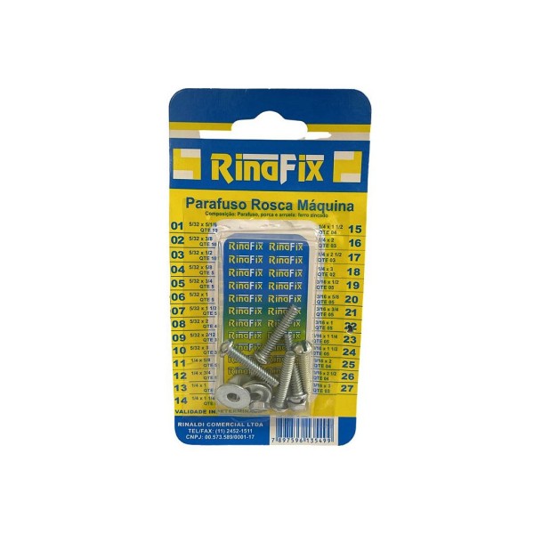Kit Parafuso 3/16x1 com Porca Encartelado com 5 peças Rinafix