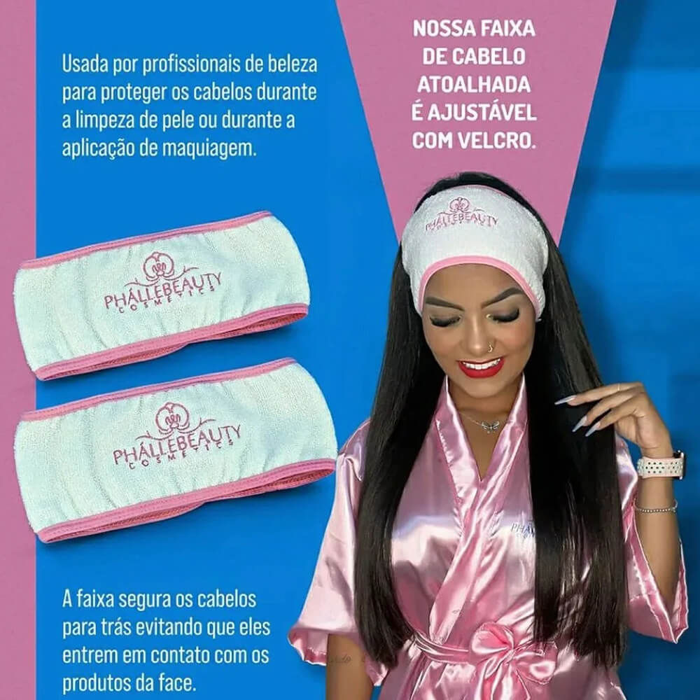 Encontraproduto.com.br - Phállebeauty - Faixa para Cabelo Atoalhada com Velcro Branca com Rosa