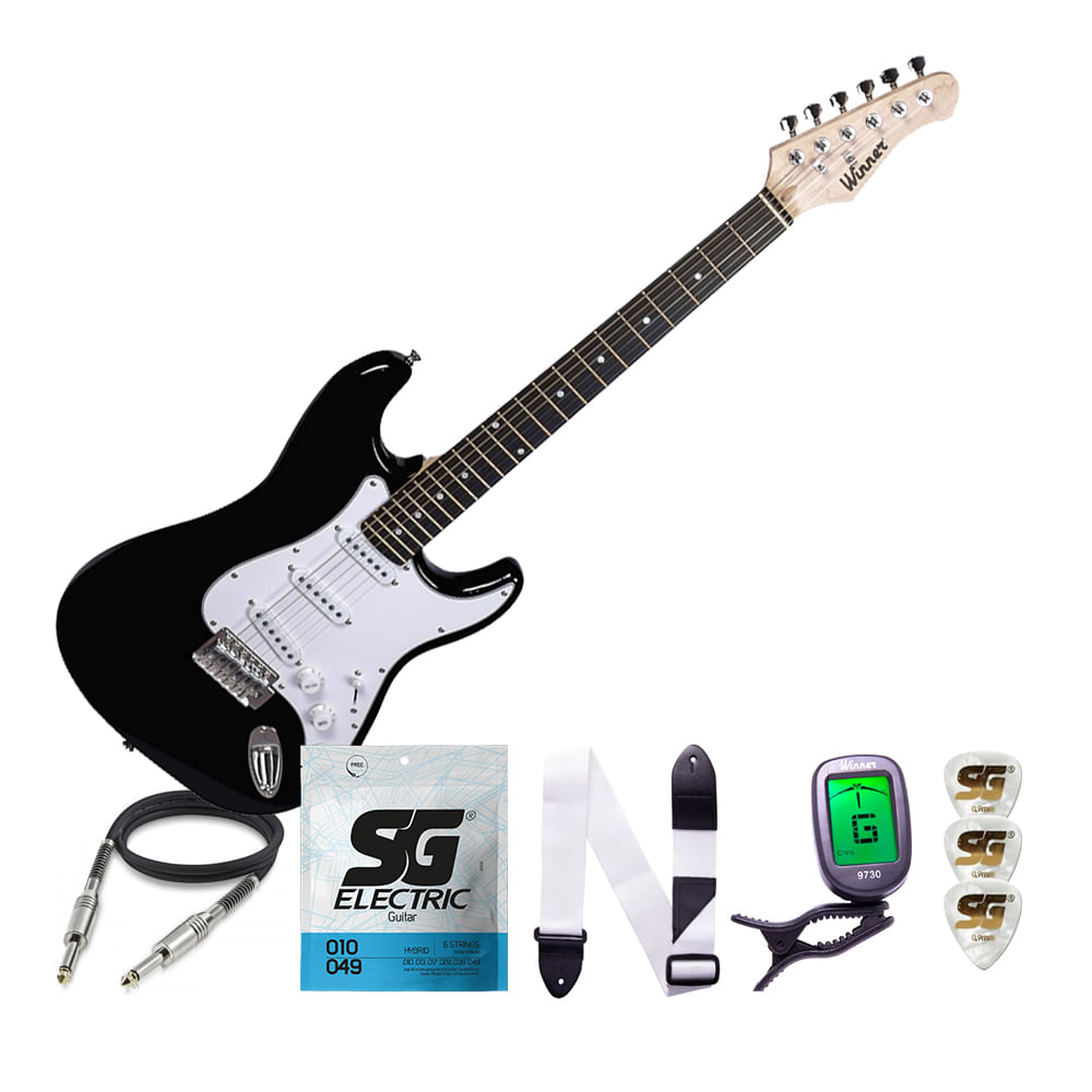 Encontraproduto.com.br - Kit Guitarra Winner WGS Preta com Afinador Cordas SG 010 Correia Cabo e Brindes