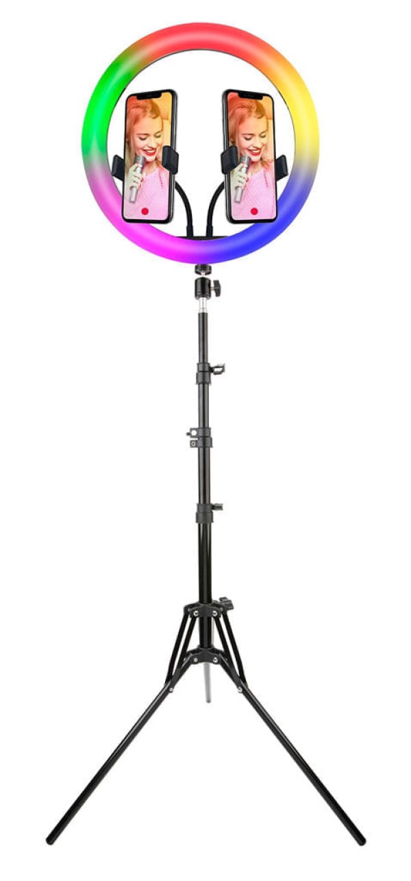 Encontraproduto.com.br - Luminária portátil USB Ring Light Color 12 polegadas, tripé e 2 adaptadores p/ Smartphone