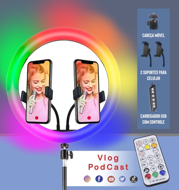 Encontraproduto.com.br - Luminária portátil USB Ring Light Color 12 polegadas, tripé e 2 adaptadores p/ Smartphone