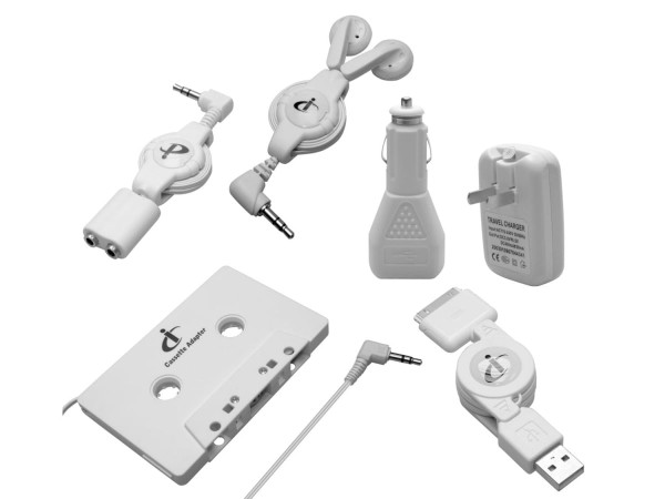 Kit universal para iPod: Carregadores, cabos retráteis e fita cassete