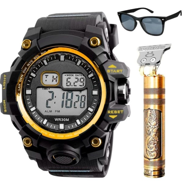 Encontraproduto.com.br - Relogio Digital Dourado + Maquina Cortar Cabelo Presente Robusto Casual Dourado Original