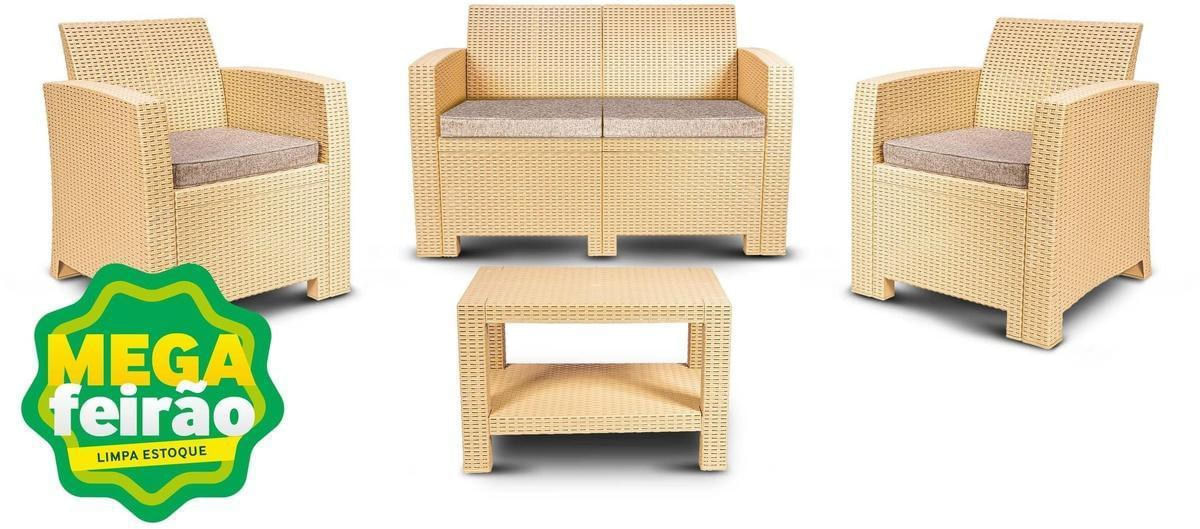Encontraproduto.com.br - Conjunto Rattan 1 Sofá + 2 Poltronas + 1 Mesa Apoio Área Externa Cor Palha Aquaplás 6478x118cm