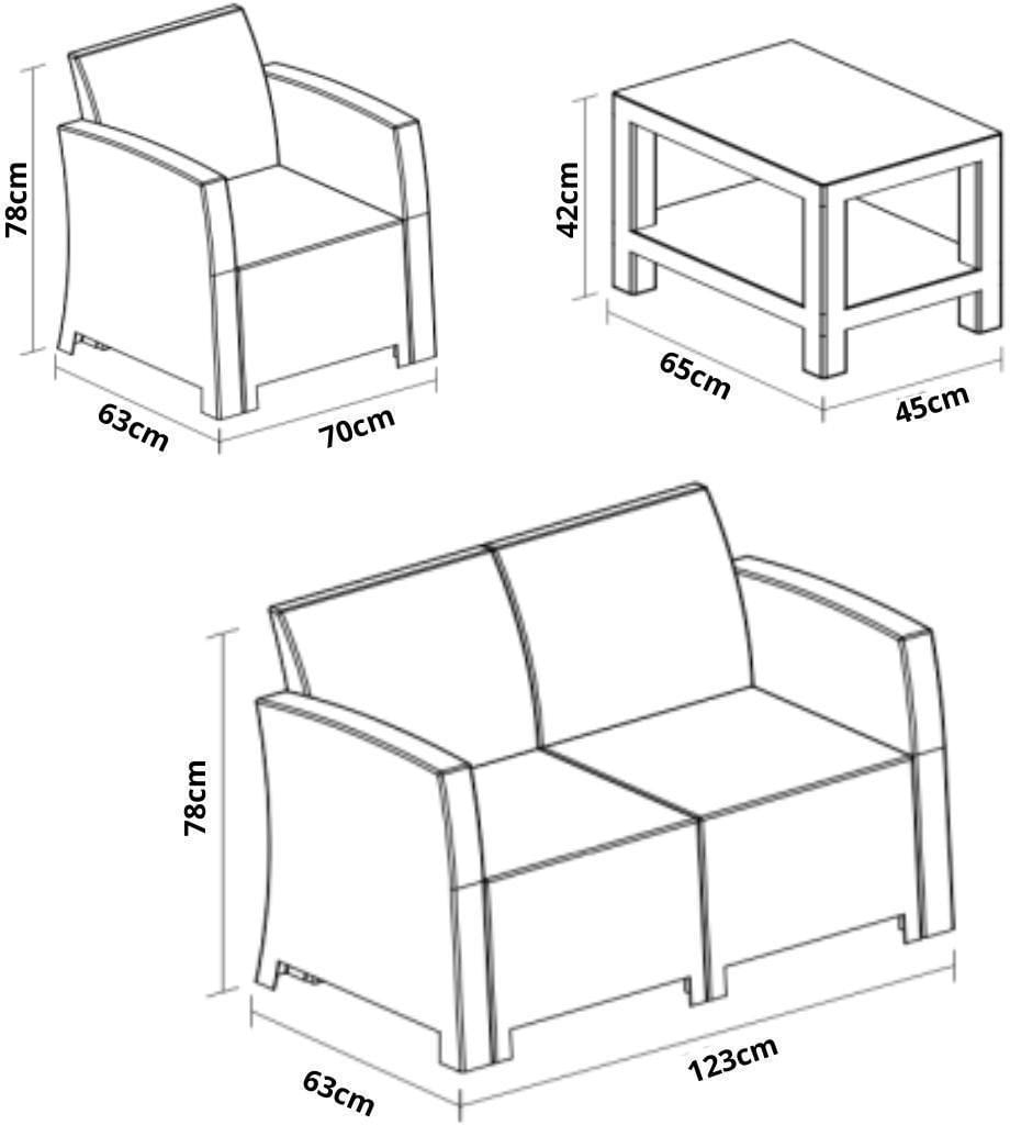 Encontraproduto.com.br - Conjunto Rattan 1 Sofá + 2 Poltronas + 1 Mesa Apoio Área Externa Cor Chumbo Aquaplás 64x78x118cm