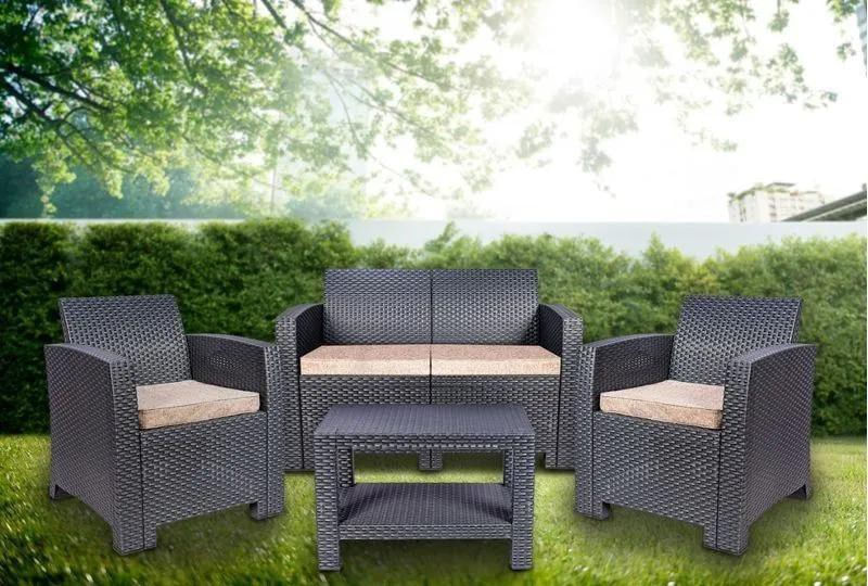 Encontraproduto.com.br - Conjunto Rattan 1 Sofá + 2 Poltronas + 1 Mesa Apoio Área Externa Cor Chumbo Aquaplás 64x78x118cm