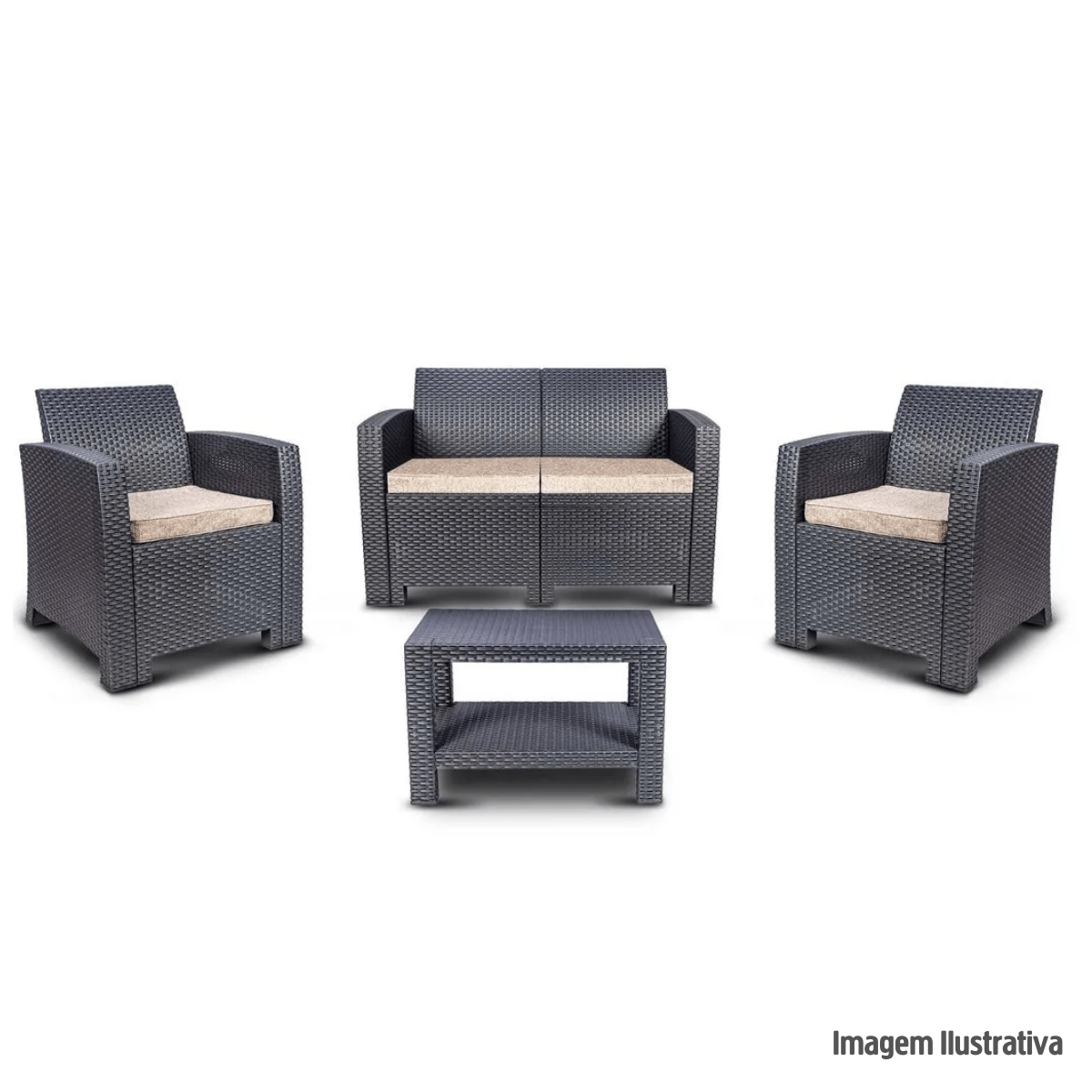 Encontraproduto.com.br - Conjunto Rattan 1 Sofá + 2 Poltronas + 1 Mesa Apoio Área Externa Cor Chumbo Aquaplás 64x78x118cm