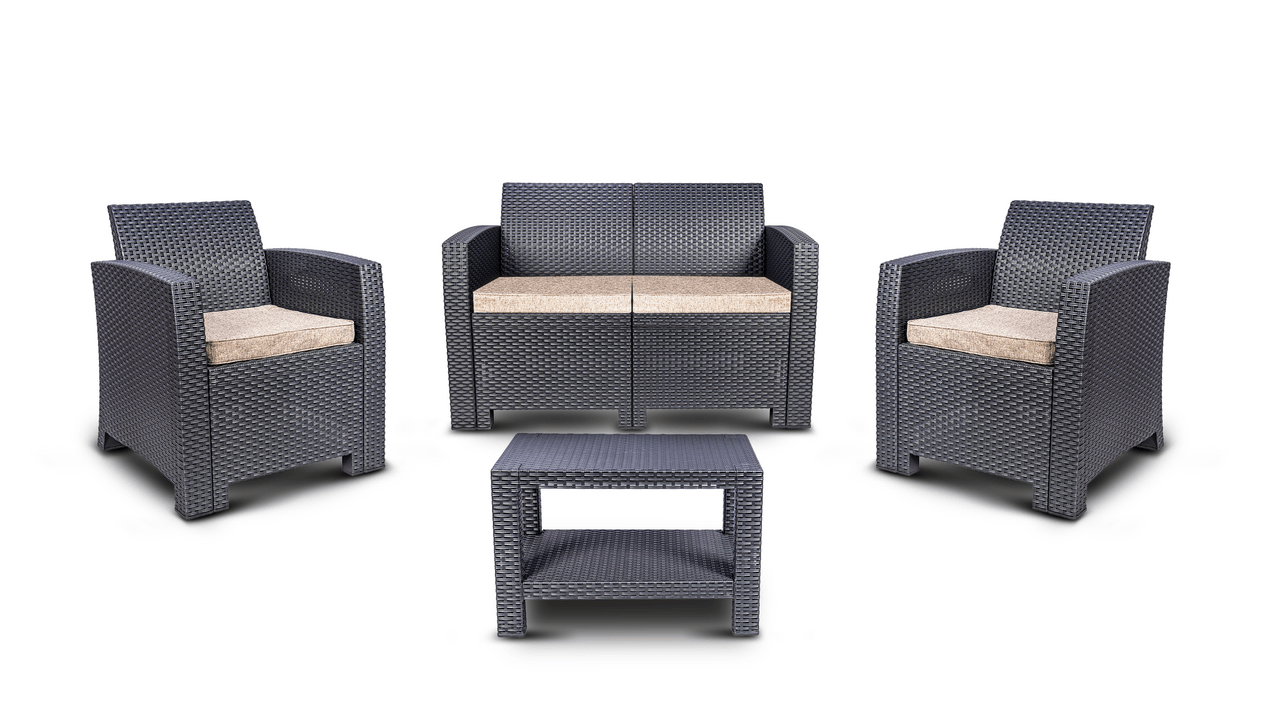 Encontraproduto.com.br - Conjunto Rattan 1 Sofá + 2 Poltronas + 1 Mesa Apoio Área Externa Cor Chumbo Aquaplás 64x78x118cm