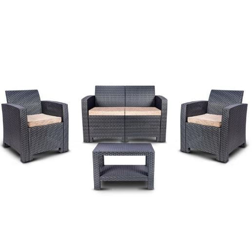 Encontraproduto.com.br - Conjunto Rattan 1 Sofá + 2 Poltronas + 1 Mesa Apoio Área Externa Cor Chumbo Aquaplás 64x78x118cm