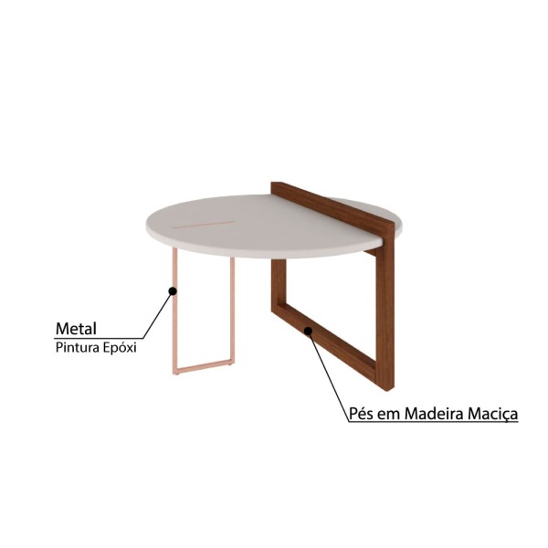 Encontraproduto.com.br - Mesa de Centro Redonda Linnea 60 cm c/Pés em Madeira Maciça - Amêndoa/Off White
