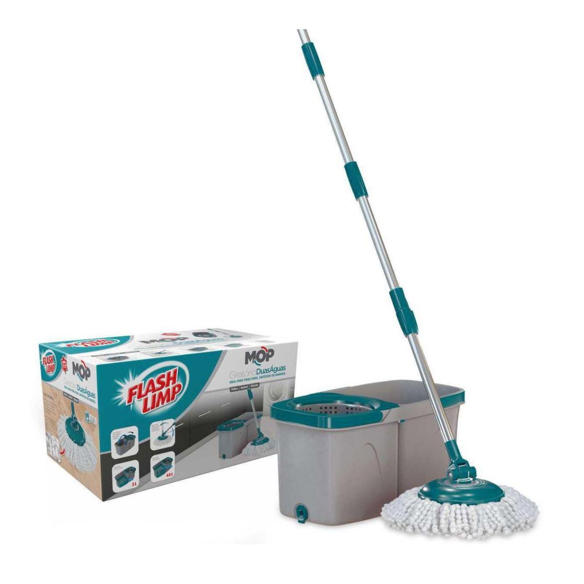 Encontraproduto.com.br - Mop Giratório Inox Duas Águas Balde 3 Litros com Cesto Plastic Flashlimp