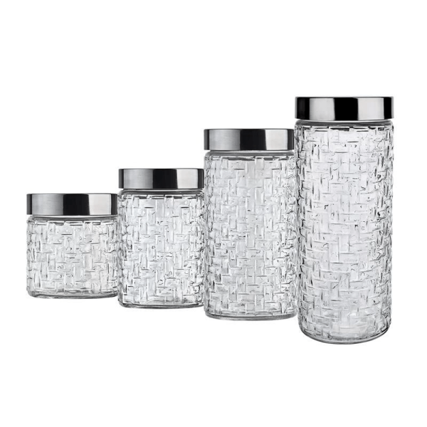 Kit Potes de Vidro Euro Home Rattan com Tampa Inox - 4 Peças