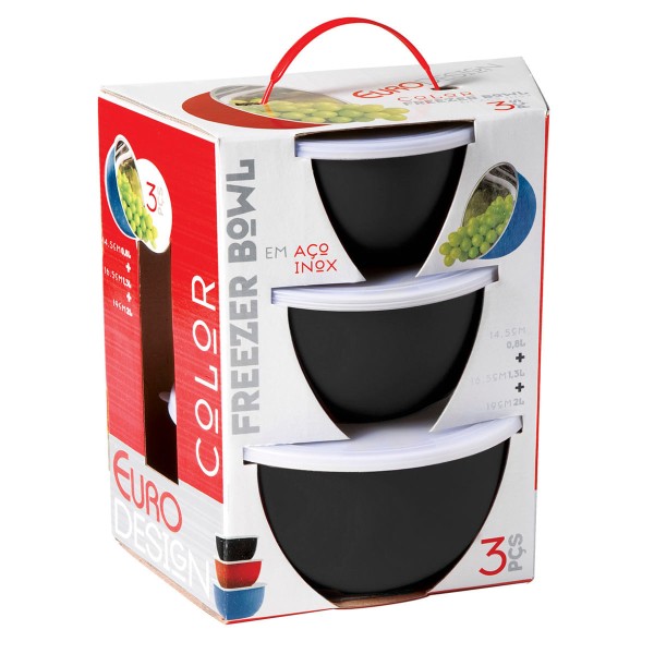 Encontraproduto.com.br - Conjunto de Tigelas em Aço Inox 3 Peças Euro Preto Color IN7129