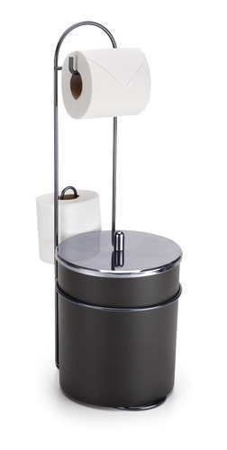 Suporte Chão Papel Higiênico Lixeira Preta 5 Lts Tampa Inox
