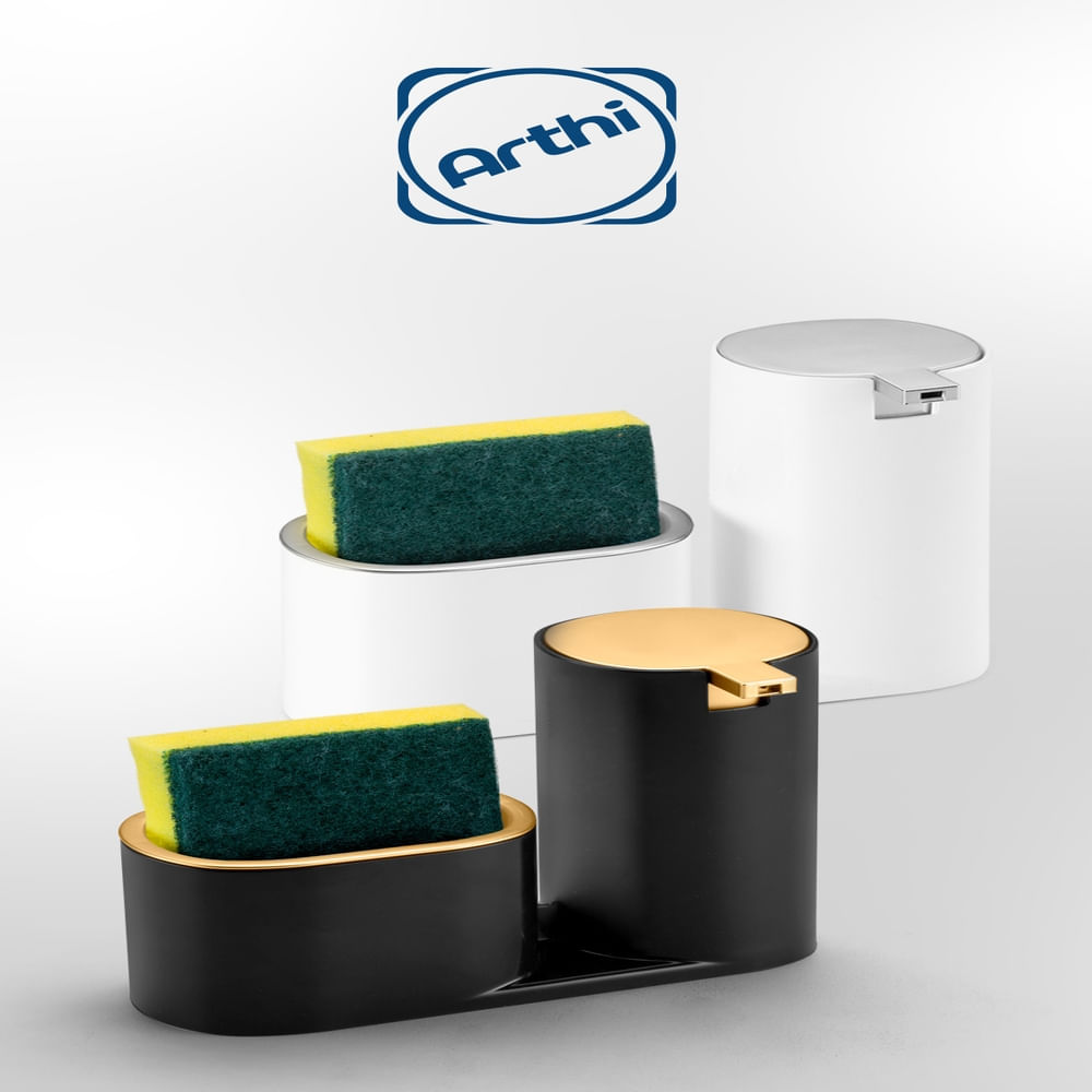 Encontraproduto.com.br - Dispenser Para Detergente E Bucha Branco Com Cromado Linha Conceito