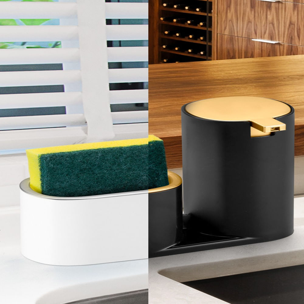 Encontraproduto.com.br - Dispenser Para Detergente E Bucha Branco Com Cromado Linha Conceito