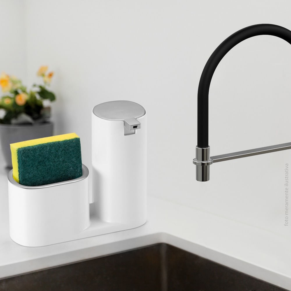 Encontraproduto.com.br - Dispenser Para Detergente E Bucha Branco Com Cromado Linha Conceito