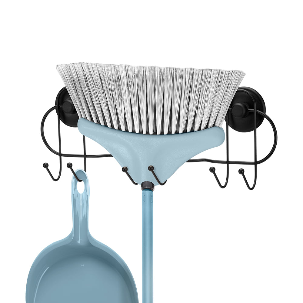 Encontraproduto.com.br - Suporte P/ Vassouras C/6 Ganchos Fixa Sem Furar Parede Arthi Cor Preto