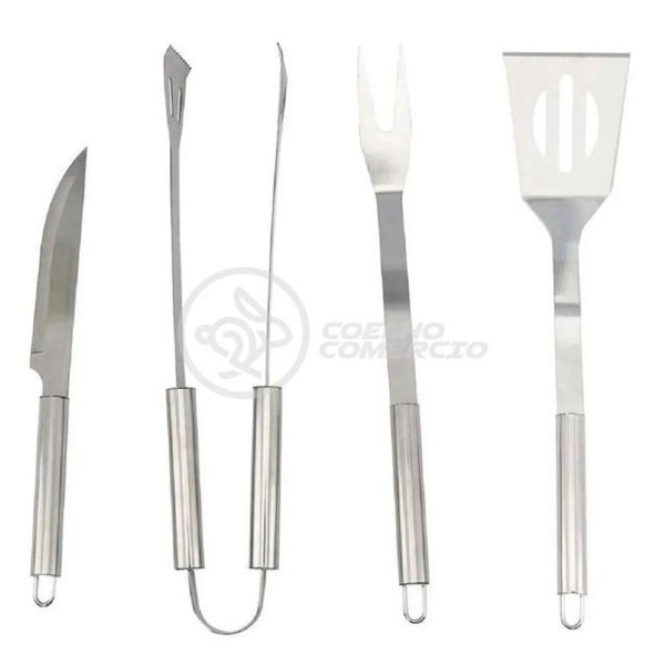 Kit Churrasco 4 Peças Espátula, Faca, Garfo, Pegador Em Aço