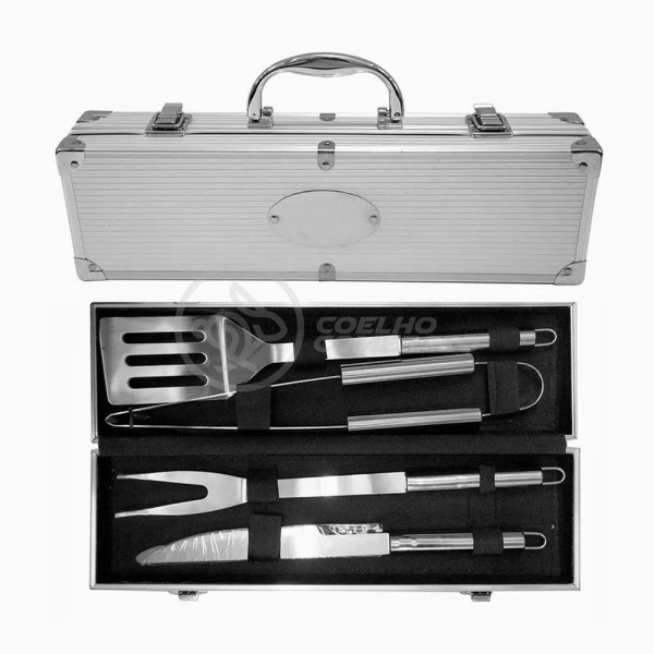 Encontraproduto.com.br - Kit Maleta P/ Churrasco Steak Gourmet Jogo Com 4pçs Inox