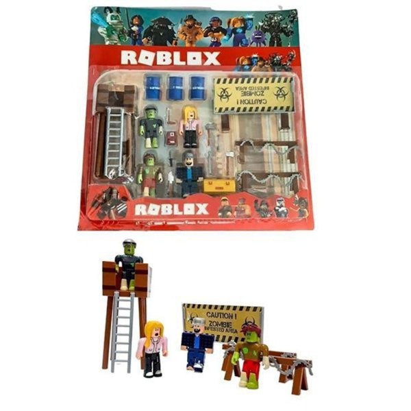 Encontraproduto.com.br - Kit 4 Boneco 7Cm Roblox Ataque Zumbi + Cenario Apocalipse