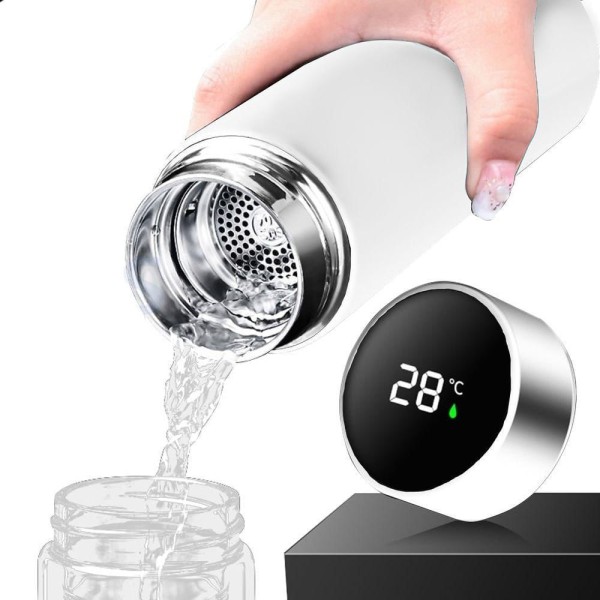Encontraproduto.com.br - Garrafa Térmica Inteligente De Inox 500ml Tampa C-sensor De Temperatura Led água Café Chá Branco