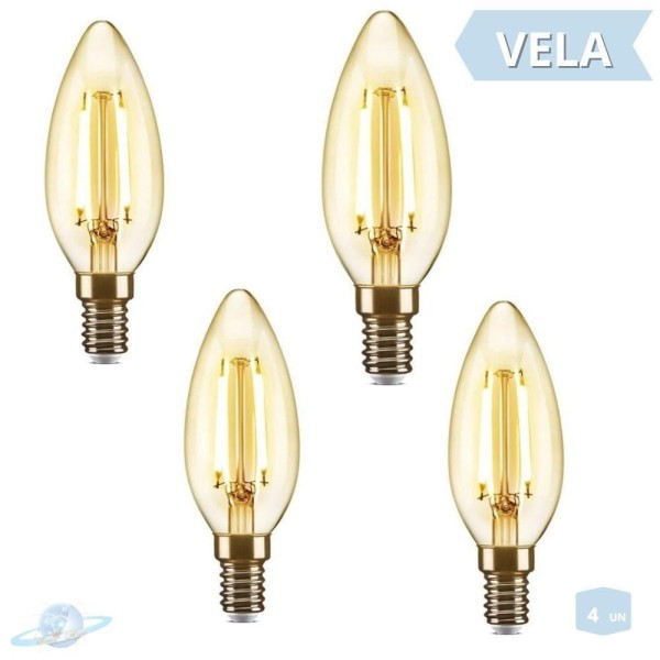 Encontraproduto.com.br - Kit 4 Lâmpadas Filamento Led Vela Sem Bico Soquete E14