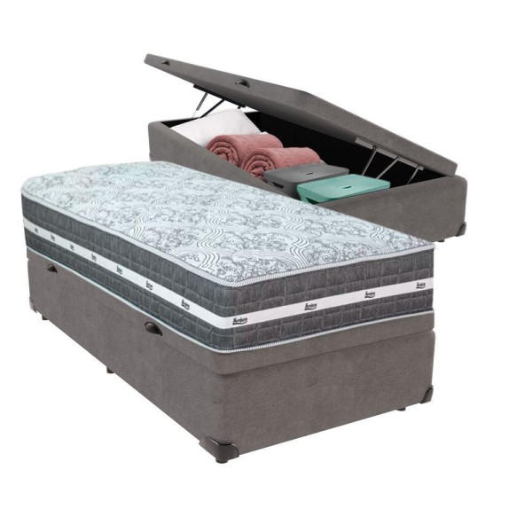 Encontraproduto.com.br - Cama Box Com Baú Cinza E Colchão Solteiro Black Grafit Anjos